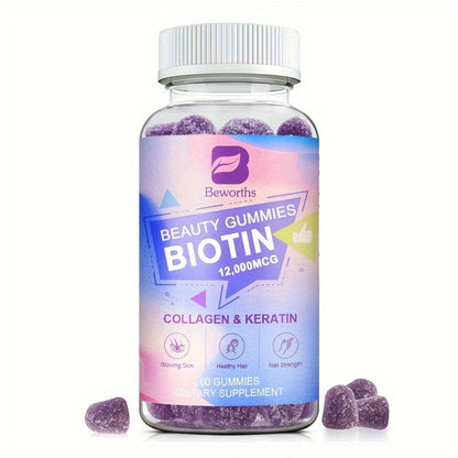 Biotin Gummies 12000mcg — with Collagen, Keratin, Chlorophyll, Zinc & Vitamins A B6 B12 C D E | Hair, Skin & Nail Support for Women & Men | 60 Gummies