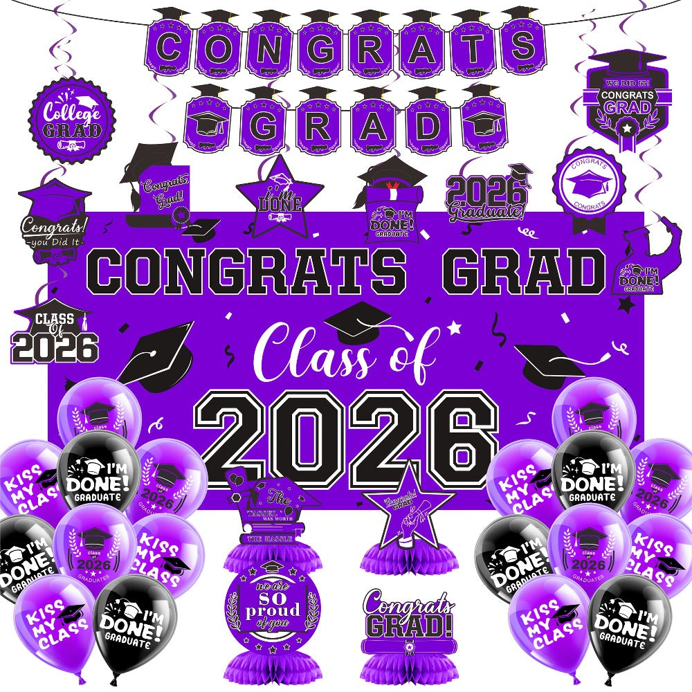 Class of 2026 Graduation Party Decorations – Complete Set with Backdrop Banner Hanging Swirls Balloons & Honeycomb Supplies, 6 Color Options Purple Maroon Blue Red Green Gold