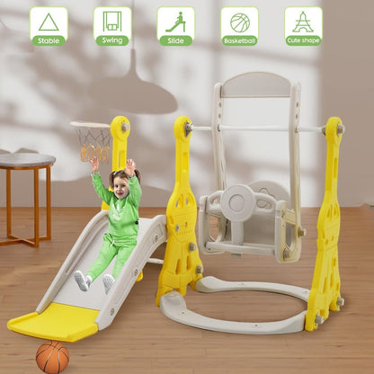 4-in-1 Toddler Slide and Swing Set with Climber Basketball Hoop Outdoor Indoor Backyard Playground Playset for Kids Ages 1-6 Yellow