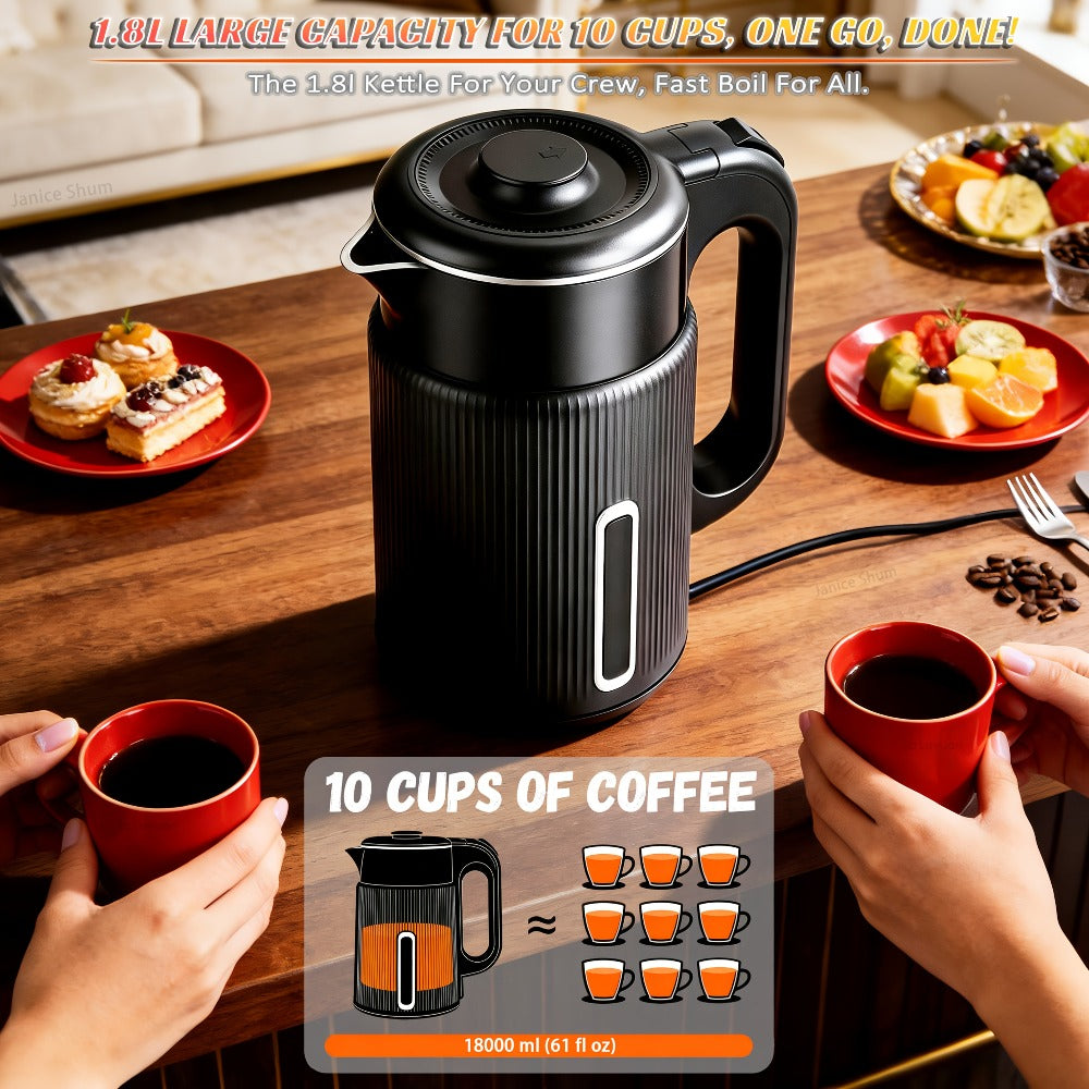 Electric Kettle 1000W Double Wall Stainless Steel – 57.48oz 304 SS Hot Water Kettle with 360° Rotary Base, LED Light, Auto Shut-Off & Boil-Dry Protection, Instant Water Warmer for Coffee & Tea – Black