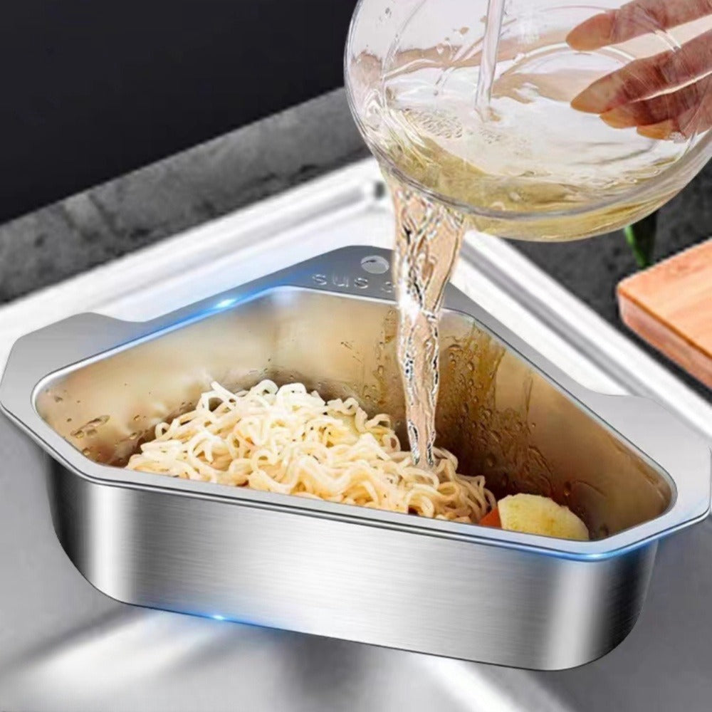 Kitchen Drain Strainer Basket 304 Stainless Steel Triangular Corner Sink Filter – Food Scrap & Leftover Catcher for Kitchen Sink & Wash Basin, Rust-Proof Easy Clean Drain Basket Silver
