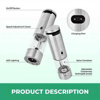 Electric Pepper Grinder Set USB-C Rechargeable with LED Light Ceramic Core Adjustable Coarseness One-Hand Automatic Salt Pepper Mill Kitchen Gift for Home Cooking Camping BBQ