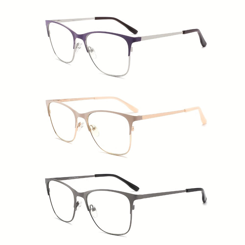 Anti Blue Light Reading Glasses 3 Pack Metal Frame Rectangular Readers – Polycarbonate Lenses, Spring Hinges, Unisex Men Women Mixed Colors, Multiple Magnification Strengths for Reading and Screen Use