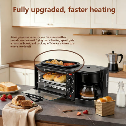 3-in-1 Breakfast Maker Station – Fry Eggs, Toast Bread & Brew Coffee All at Once, Non-Stick Coating, Auto Power-Off Safety Timer, One-Click Operation for Fast Morning Meals