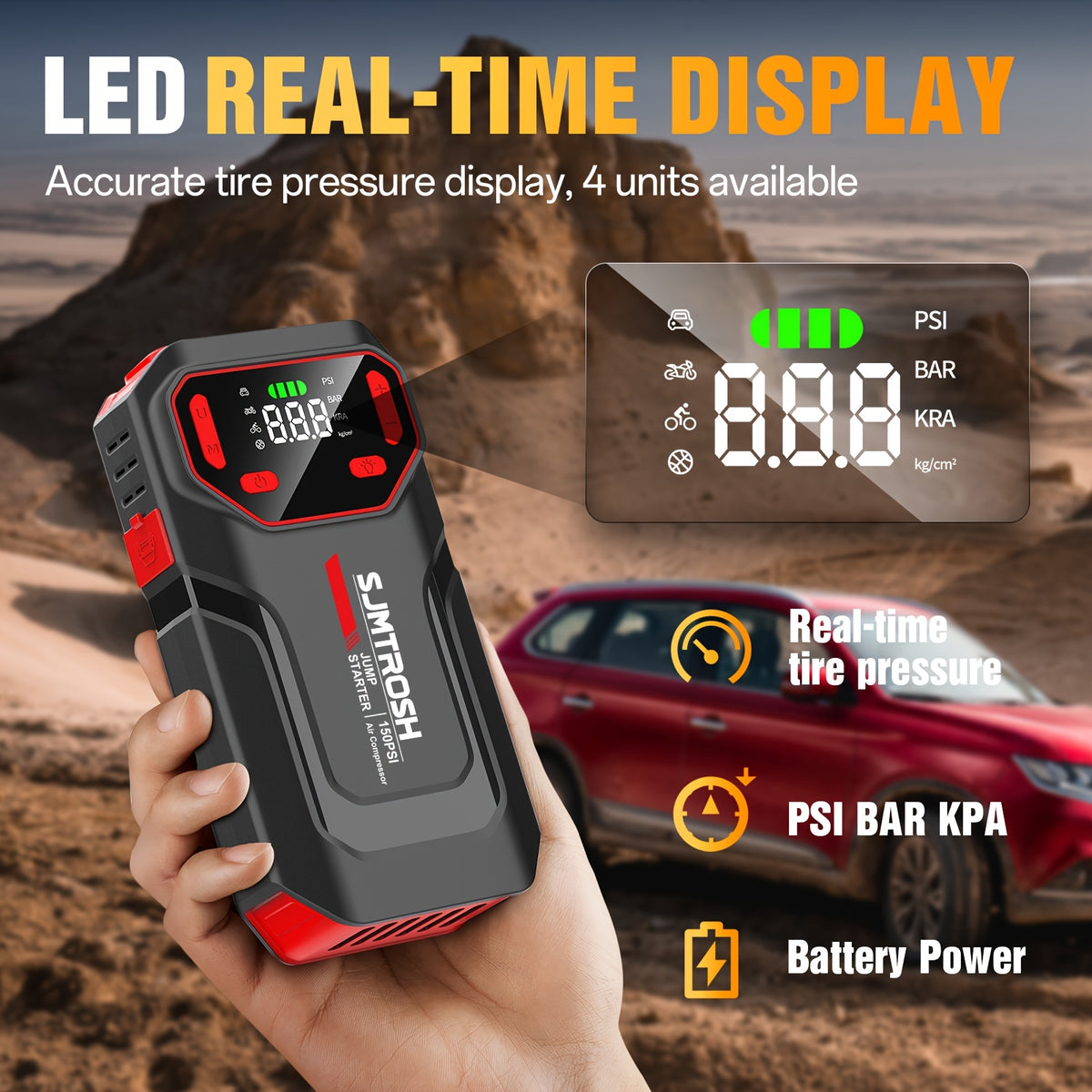 Kickstart Your Vehicle Using an Air Compressor with a Maximum Pressure of 150 PSI And a 12V Power Supply, Ideal for 8.5 Liters of Gasoline Or 1.72 Gallons of Diesel. It Features USB Input/Output And an LED Emergency Light