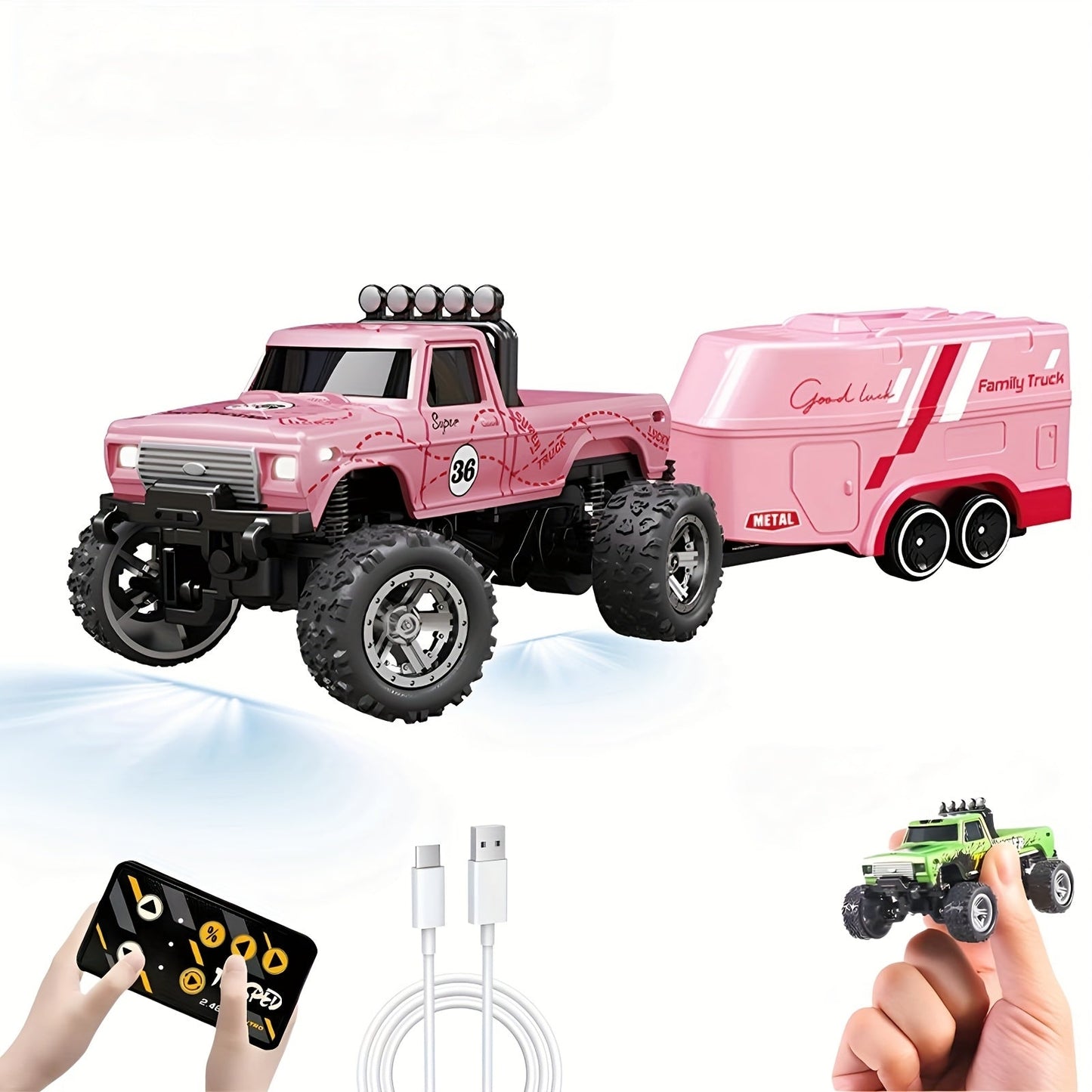 Mini RC Truck Toy 1:64 Scale 2.4GHz Off-Road Alloy Crawler with Detachable Trailer Body Lights & LED Headlights – Collectible Remote Control Truck Model Gift for Boys Girls Adults Blue Green Red