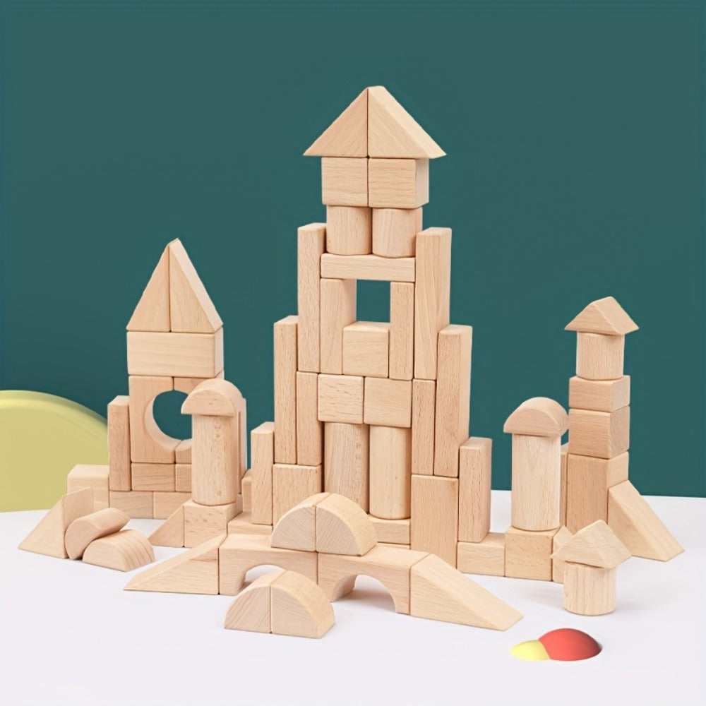 Natural Beech Wood Blocks 100 Piece Unpainted Solid Wooden Building Set – STEM Logical Thinking Toy for Kids Ages 3-12, Castle Stacking Sorting Educational Gift for Boys & Girls