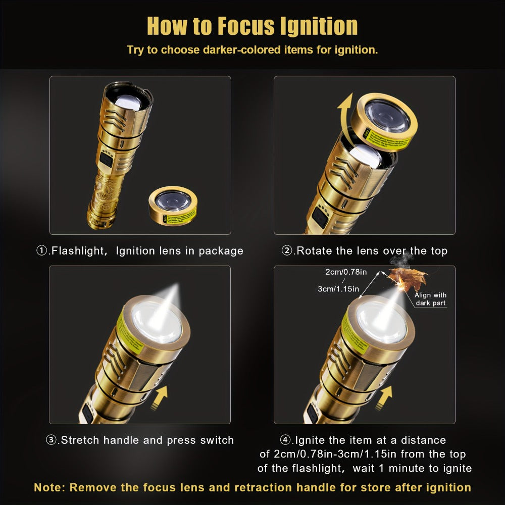 Tactical LED Flashlight 5000mAh Rechargeable Zoomable with Ignition Lens – 4 Modes High Brightness Golden Dragon Pattern Spotlight for Camping Outdoor Hiking Emergency Household Use