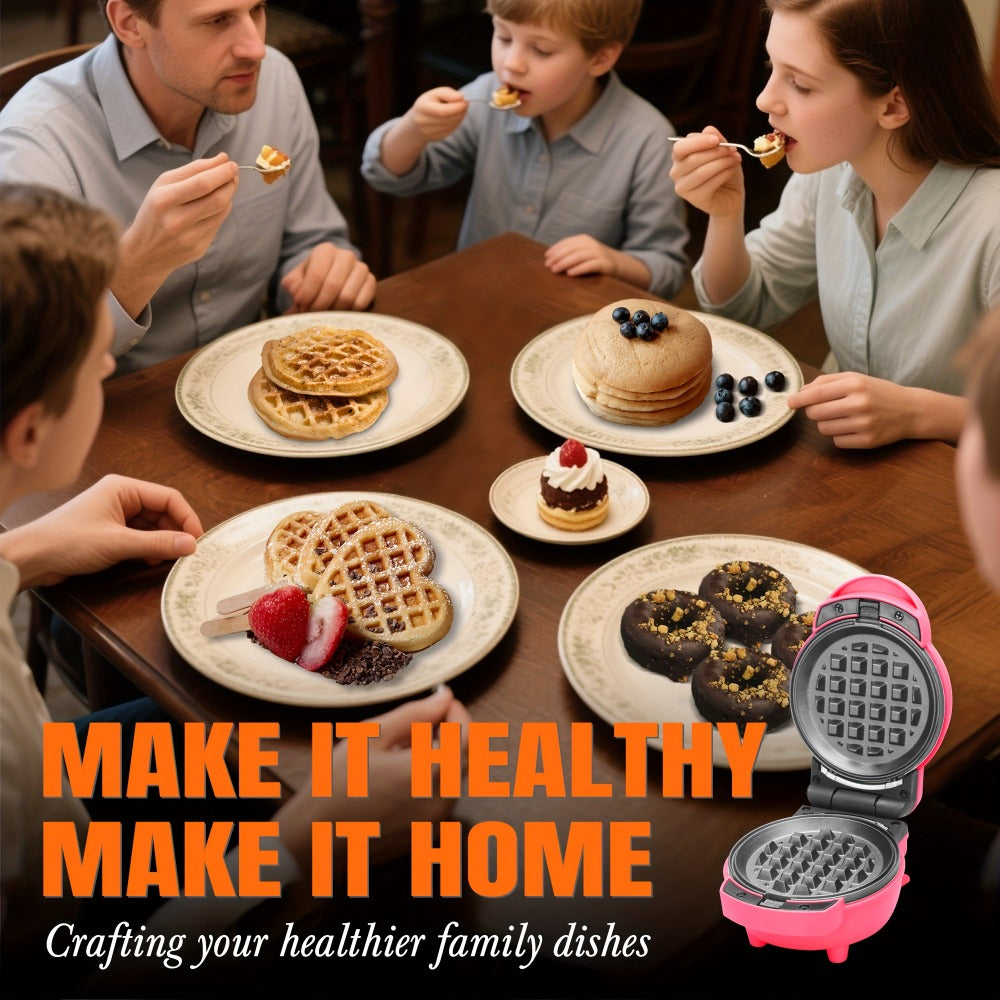 Mini Waffle Maker 4-in-1 with Removable Plates – Waffle, Pancake, Donut & Heart Shape, Non-Stick, Easy Clean, Recipe Included, Compact Breakfast Maker for Home