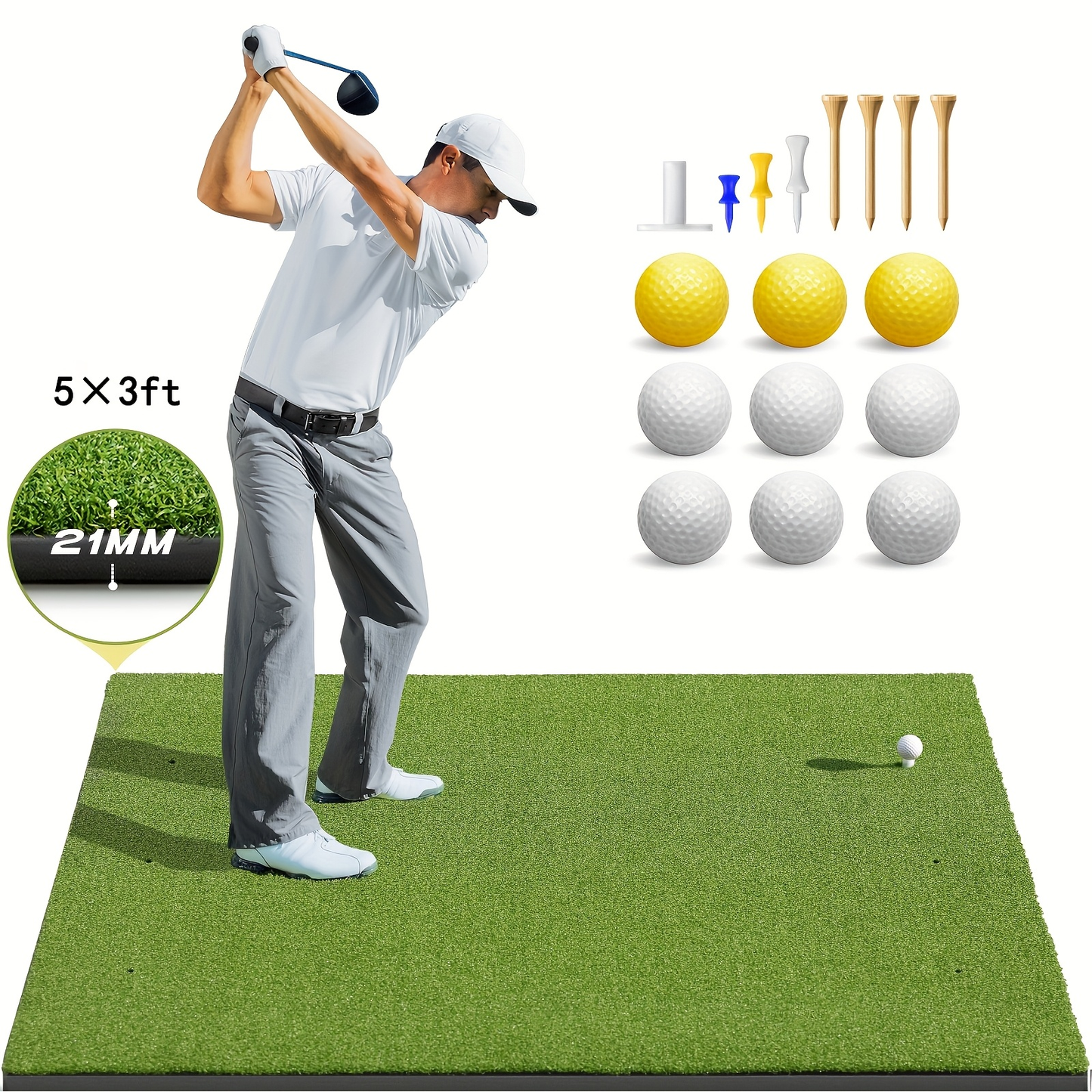 Golf Hitting Mat with Artificial Turf & Non-Slip EVA Base, Indoor Outdoor Golf Practice Mat Set with 9 Golf Balls 8 Tees & Rubber Tee, High-Elastic Chipping Driving Training Mat for All Skill Levels