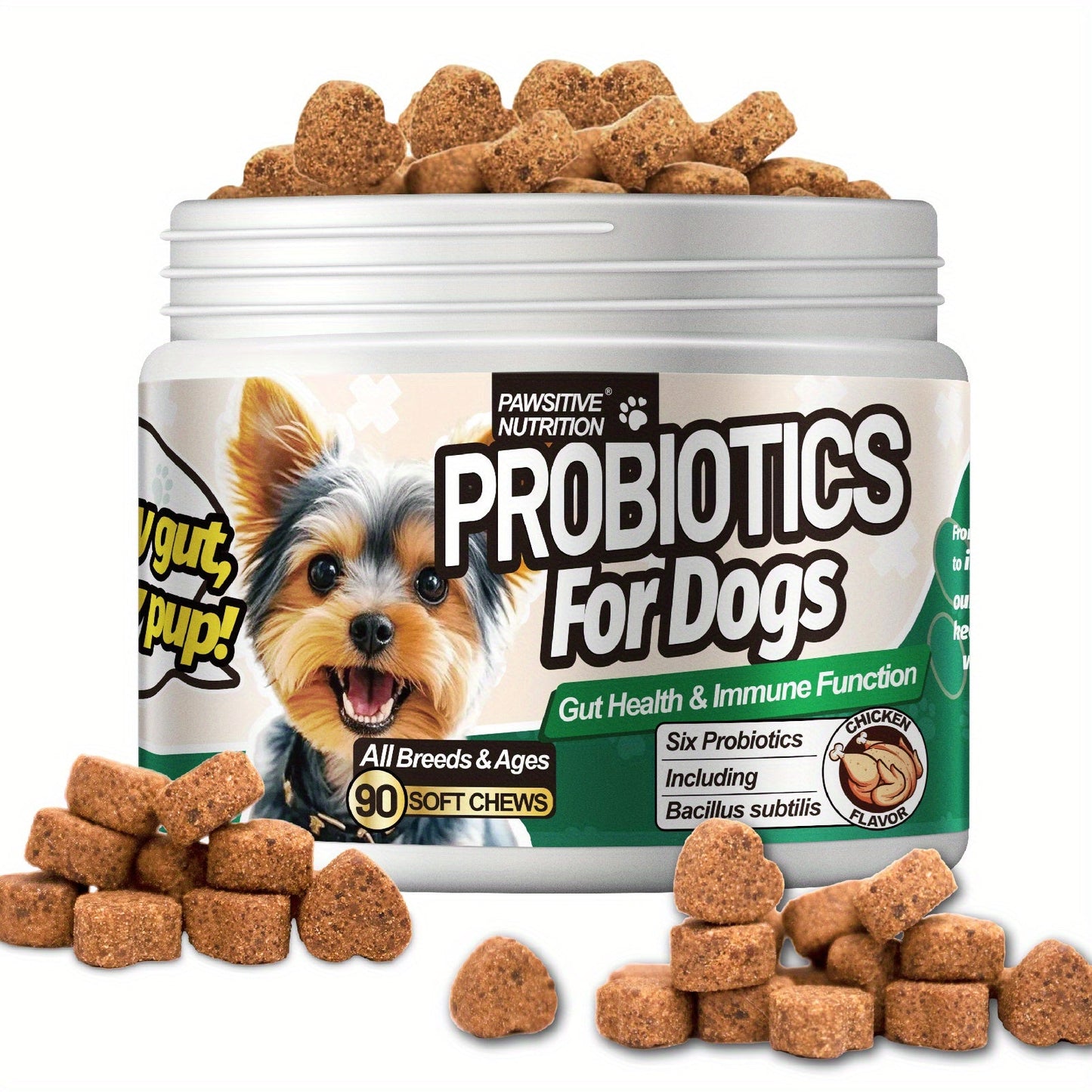 Dog Probiotic Chews for Digestive Health - Chicken Flavor Soft Chews with Probiotics for All Breeds, Supports Gut Health, Bloating & Diarrhea Relief, 90 Count per Bottle
