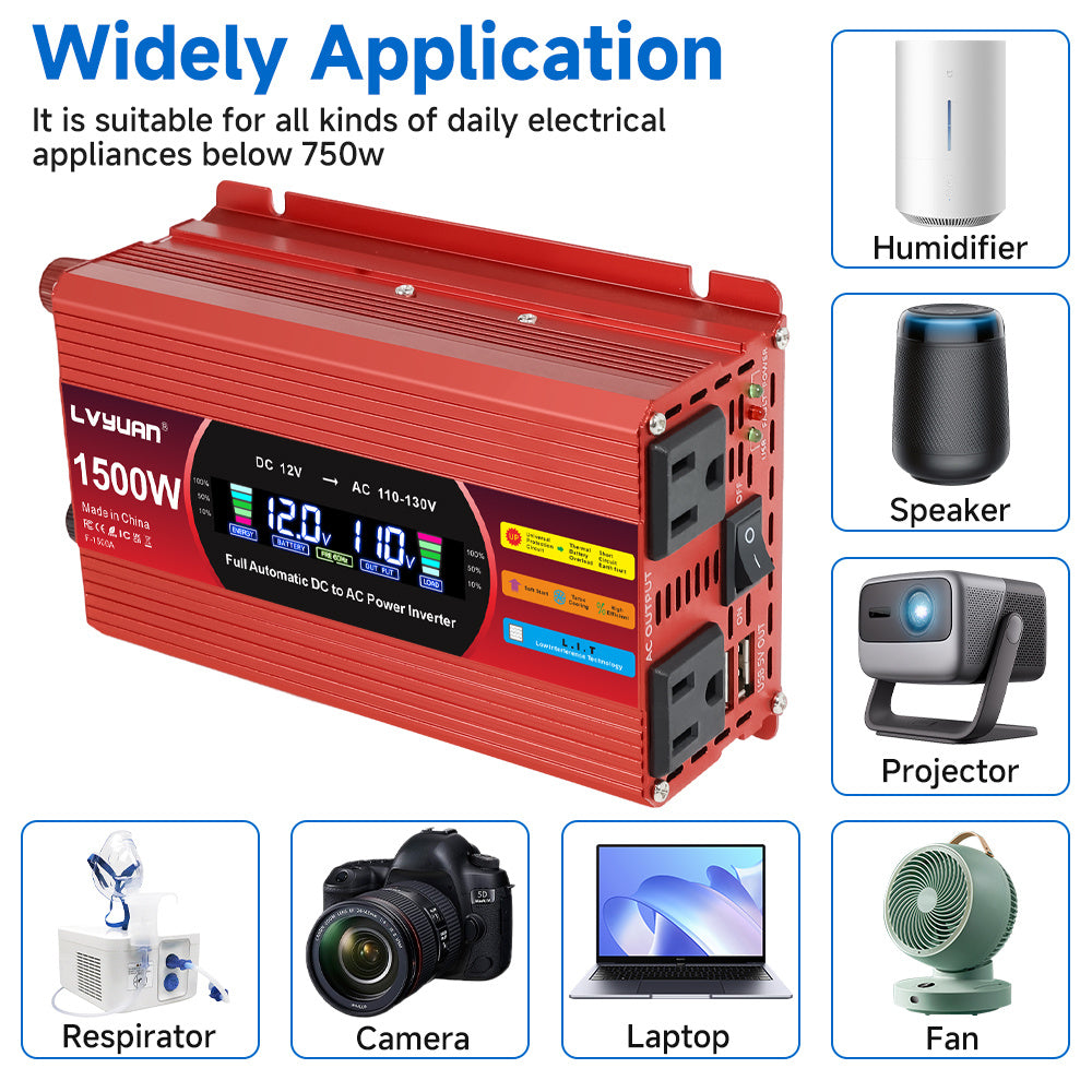 1500W (Peak) Car Power Inverter DC 12V to 110V/120V AC Converter with LCD Display Dual AC Outlets and Dual USB Car Charger for Car Home Laptop Truck Red.