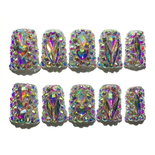 Short Duckbill Press On Nails 10pcs Handmade AB Crystal Colorful Diamond Glossy – Reusable Non-Toxic Salon Quality Spring Summer Nail Art Set with Gel Adhesive Tabs S M L for Women