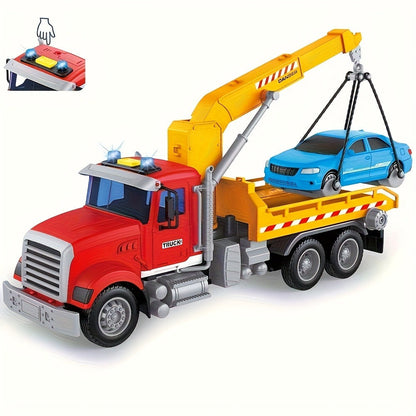 13-Inch Tow Truck Toy with Lights & Sounds – Friction Powered Transport Crane Truck for Boys Ages 3 4 5 6, Movable Arm & Towing Ramp, Birthday Christmas Gift