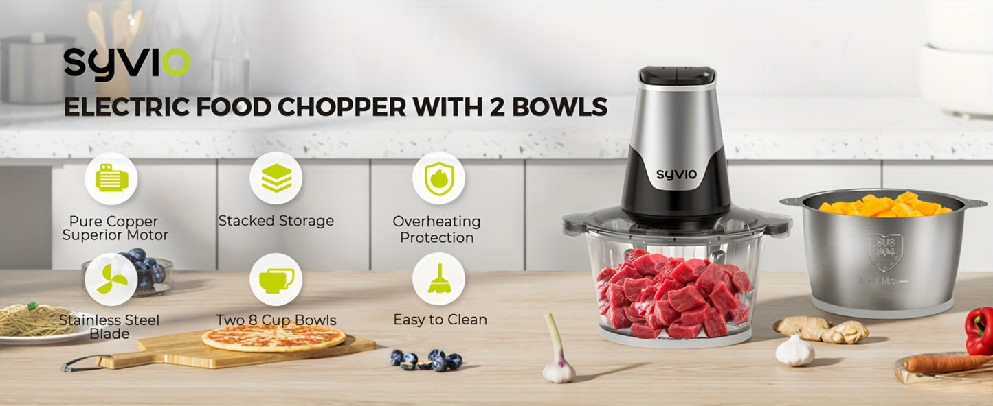 Mini Food Processor 450W with 2 Bowls – Electric Food Chopper, 4 Bi-Level Blades, Meat Grinder for Baby Food, Meat, Onion & Vegetables, 2 Speed