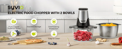 Mini Food Processor 450W with 2 Bowls – Electric Food Chopper, 4 Bi-Level Blades, Meat Grinder for Baby Food, Meat, Onion & Vegetables, 2 Speed
