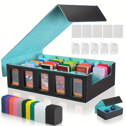 Trading Card Storage Box 5-Row with 24 Colored Dividers, 5 Card Sleeves & 5 Grid Boards – Card Organizer for Pokemon MTG Yu-Gi-Oh Sports Cards, Collection Display & Daily Storage, 5 Colors