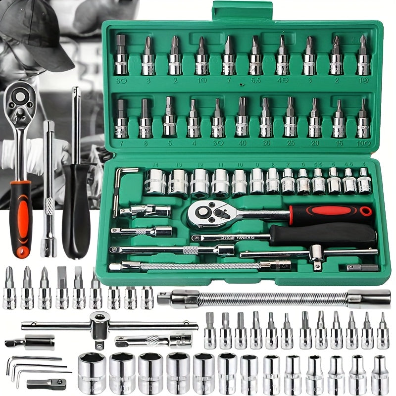 Heavy-Duty 1/4-Inch Drive Socket Set with Quick-Release Ratchet, Screwdriver Kit & Extension - -Socket Storage Case Included - Durable Construction for Professional Mechanics & DIY - Compatible for Automobiles, Trucks