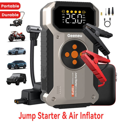 5000A Peak Jump Starter with Air Compressor 150PSI Digital Tire Inflator for 12V Gas Diesel Vehicles - Portable Car Battery Booster USB Charging LED Emergency