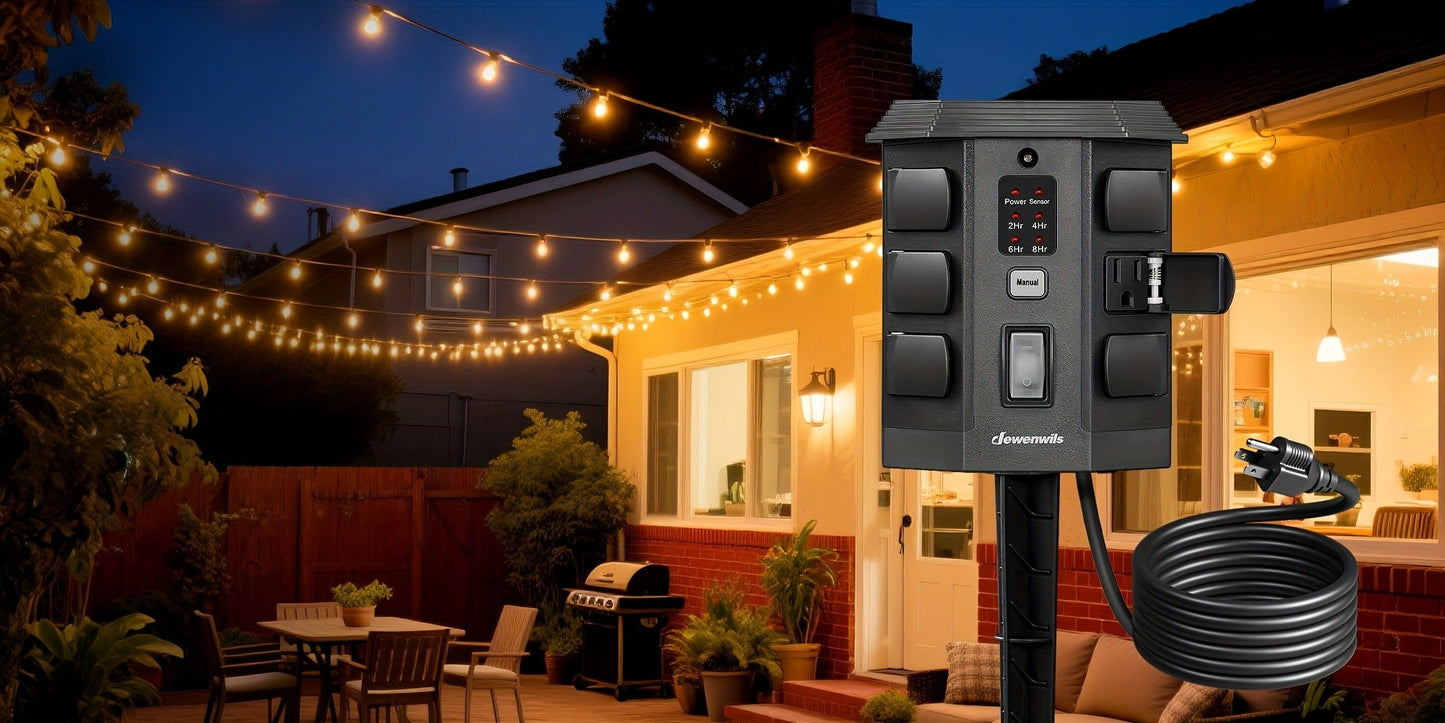 Outdoor Power Stake Timer 6 Outlet Weatherproof – 100FT Wireless Remote Control, Dusk to Dawn Photocell Sensor, 7 Timer Modes, 6FT Cord, Overload Protection for Garden Yard Christmas Holiday Lights