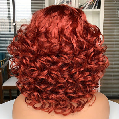 Short Curly Wig with Bangs for Women 14 Inch Jerry Curl Synthetic 13x1 Lace Front — Heat Resistant, Daily Wear Cosplay, Dark Brown Copper Red Dark Wine