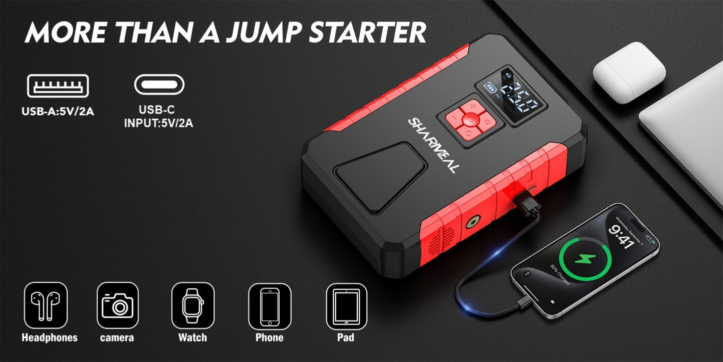 Portable Jump Starter with Air Compressor – 15000A-19000A Peak 350PSI 12V 17-in-1 Car Battery Jump Starter, Digital Display, LED Light & Smart Clamp for Cars Trucks SUVs