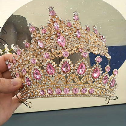 Princess Crown with Pink Gemstones 2pcs Set – Baroque Style Tiara Headwear for Girls Women Birthday Party Prom Dance Wedding Halloween Costume Accessory Dress Up