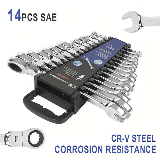 Professional 14-PCS SAE Flex Head Ratcheting Wrench Set - 1/4" To 7/8" Chrome Vanadium Steel With Organizer Rack - For Automotive & Mechanical Repair