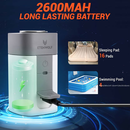2600mAh Portable Electric Air Pump Super Fast Inflation for Air Cushion Vacuum Storage Bags Swimming Ring Sleeping Bag – Compact Lightweight Outdoor Camping Sports Travel Inflator with Backpack Pendant