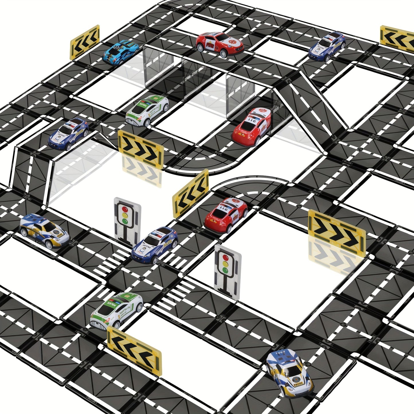 Magnetic Road Track Set 44 Pcs Kids Flexible Snap-Together Road Builder Tiles with Pull-Back Cars – STEM Construction Toy for Toddlers Boys Girls Ages 3+, Birthday Christmas Gift