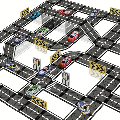 Magnetic Road Track Set 44 Pcs Kids Flexible Snap-Together Road Builder Tiles with Pull-Back Cars – STEM Construction Toy for Toddlers Boys Girls Ages 3+, Birthday Christmas Gift