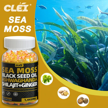 Immune Support Gummies with Sea Moss 1445mg – 10-in-1 Superfood Blend with Black Seed Oil, Ashwagandha, Elderberry, Turmeric, Bladderwrack, Chlorophyll, Shilajit & Ginger – 60 Count Daily Wellness Supplement