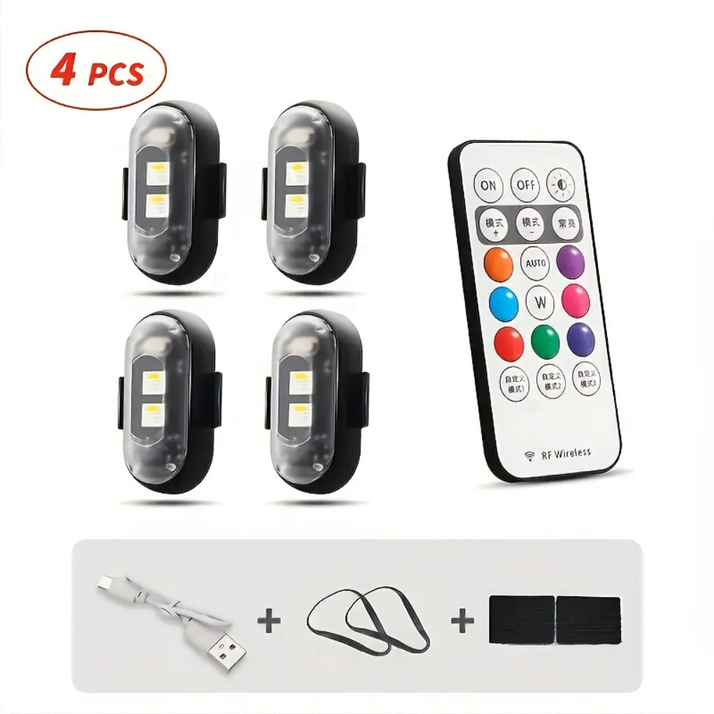 Wireless LED Strip Lights 8-Color 4pcs / 6pcs – Remote Control USB Rechargeable Waterproof Anti-Collision Light for Car Motorcycle Bike Drone Aircraft