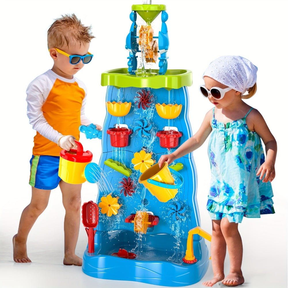 Water Play Table for Kids Double-Sided Waterfall & Beach Sand Zone – Outdoor Sensory Activity Toy for Toddlers Ages 3+, Beach Tools Included, Backyard Summer STEM Gift for Boys & Girls