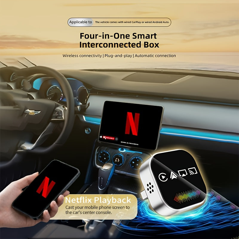 2026 Upgraded 4-in-1 Mini Wireless CarPlay Adapter, with Colorful Breathing Light, Plug & Play Wired to Wireless Converter for IOS CarPlay & Android Auto, BT 5.0, USB & USB-C Compatible