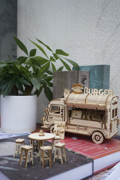 Basswood Food Truck 3D Puzzle Model Kit – DIY Building Toy for Kids & Adults, Yellow Miniature Snap-Fit Craft, Creative Birthday Halloween Christmas Gift for Boys Girls