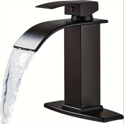 Waterfall Bathroom Sink Faucet, Single Hole or 3-Hole Mixer Tap with 6" Deck Plate, Ceramic Valve, Vanity Faucet for Farmhouse RV Bathroom, Brushed Gold Matte Black Nickel Chrome