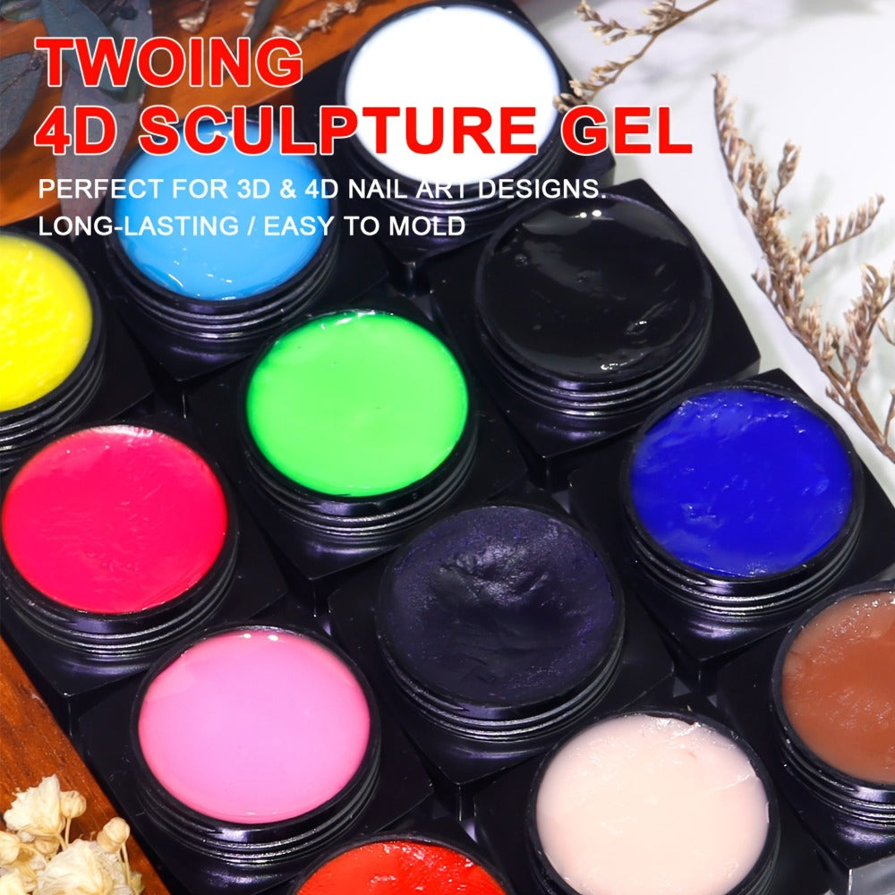 Nail Sculpting Gel Kit 3D 4D 12 Colors with Carving Pen — Firm Non-Sticky Soak-Off Sculpture Gel for Flowers, Leaves, Geometric Designs & Nail Extensions | UV LED DIY & Salon Nail Art for Women