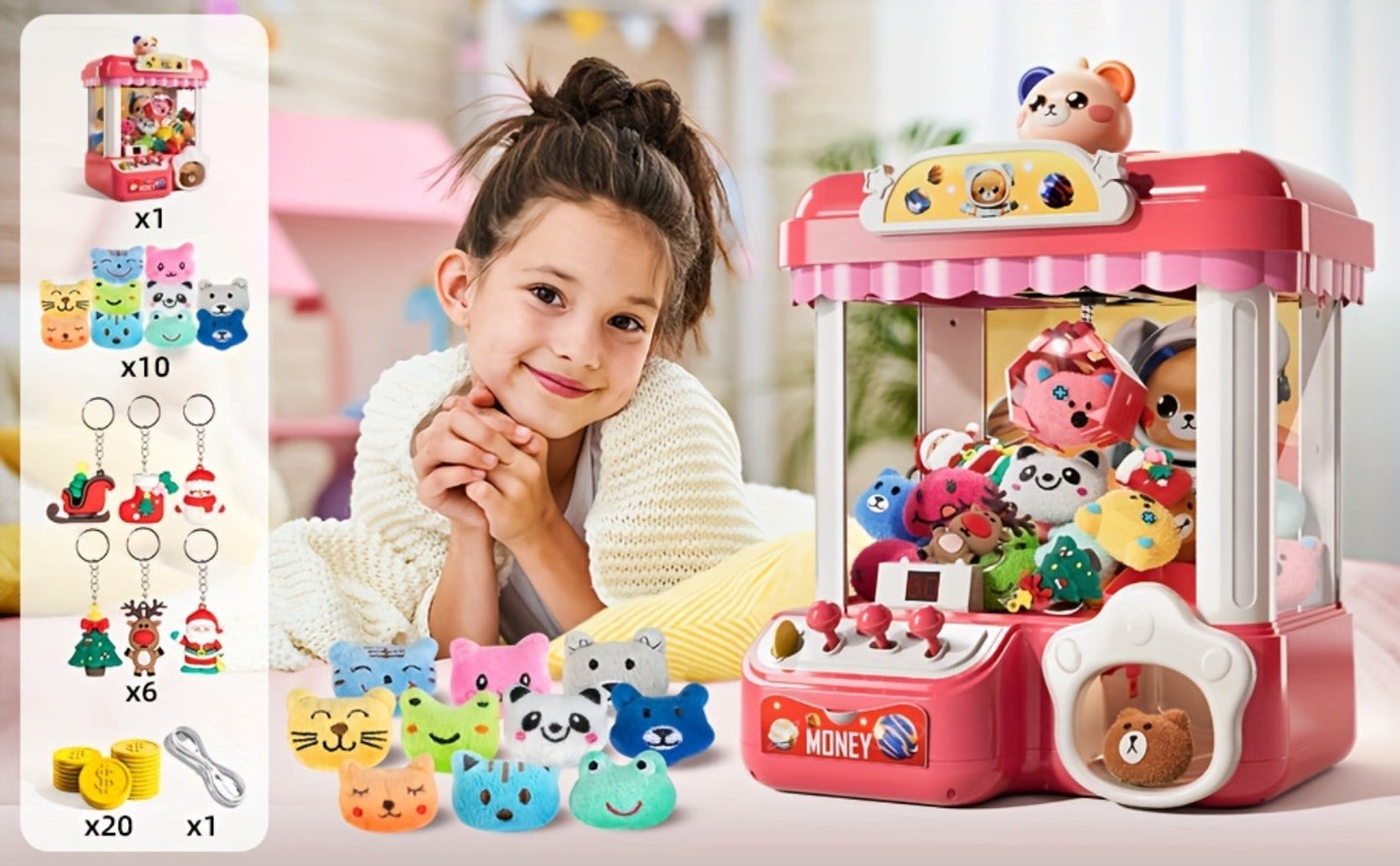 Mini Claw Machine for Kids with Lights Music Pink – Large 16.9" Arcade Claw Toy with 20 Coins 16 Plush Dolls USB Cable, Fun Birthday Christmas Gift for Girls Boys Ages 3 6 8 10+