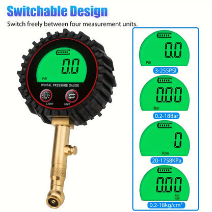 Digital Tire Pressure Gauge LCD 3-255 PSI – 4-Unit Display (PSI/Bar/KPa/kg㎡), Green Backlight, 360° Chuck, Auto Shut-Off for Cars, Trucks, SUVs, Motorcycles & RVs, Black