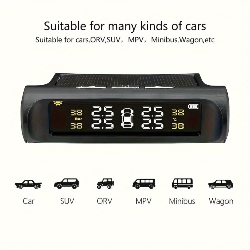 TPMS Tire Pressure Monitor Solar & USB Powered – Real-Time LCD Display, 6-Mode Auto Alarm, Windshield Mount, Day & Night Readable, SCBLAZE Car Tire Pressure Monitoring System