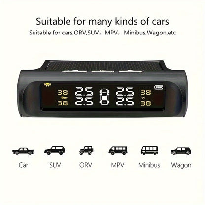 TPMS Tire Pressure Monitor Solar & USB Powered – Real-Time LCD Display, 6-Mode Auto Alarm, Windshield Mount, Day & Night Readable, SCBLAZE Car Tire Pressure Monitoring System