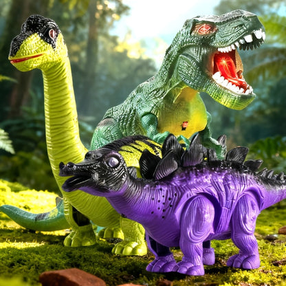 Interactive Dinosaur Toy Set 3-Pack with Sound Light & Walking – Electric Brachiosaurus Stegosaurus T-Rex Dino Toys for Boys Girls Ages 3-7, Birthday Christmas Gift
