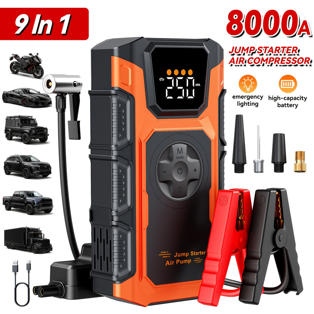 Heavy Duty Jump Starter with Air Compressor 9in 1 Jump Starter, 9000A Heavy Duty Jump Starter (for 2.64gal GasOr 2.38gal Diese)Battery Charger with Intelligent Safety Jumper Cable, Start Power Supply with Air Compressor, 9000AOr8000A Is Optional