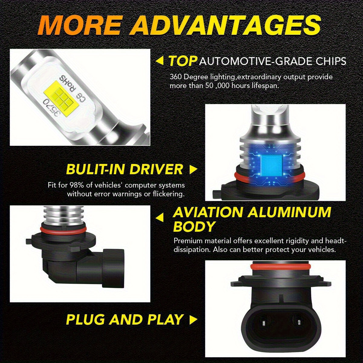 4pcs 9005+H11 36000LM 6000K Bright White LED Headlight Bulb High Low Beam Plug And Play, Without Battery