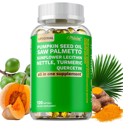 Saw Palmetto Capsules with Pumpkin Seed Oil, Pygeum & Quercetin – Urinary, Bladder, Hair & Heart Health Support for Women & Men | Daily Wellness Supplement | 120 Capsules