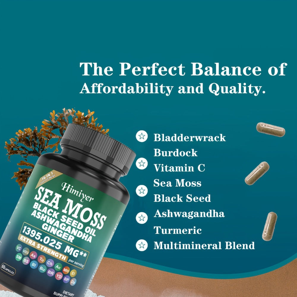 Sea Moss Capsules 3-Pack 180ct with Black Seed Oil Ashwagandha Turmeric Vitamin C D3 — Superfood Supplement for Energy Immunity Thyroid Gut Health Men Women
