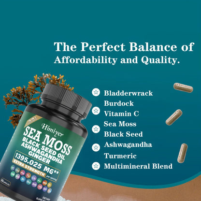 Sea Moss Capsules 3-Pack 180ct with Black Seed Oil Ashwagandha Turmeric Vitamin C D3 — Superfood Supplement for Energy Immunity Thyroid Gut Health Men Women
