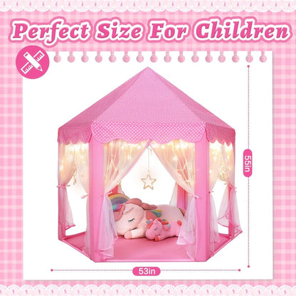 Pink Princess Hexagon Play Tent for Girls Indoor Dream Castle with Gauze Curtain Reading Corner Secret Base Kids Room Decor Pretend Play Birthday Gift Toddlers