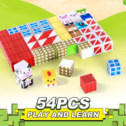 Farm Animal Magnetic Blocks 54pcs STEM Educational Toy – Farm Theme Magnetic Cubes with Animals & Farmer, Creative Learning Building Set, Birthday Easter Christmas Gift for Kids